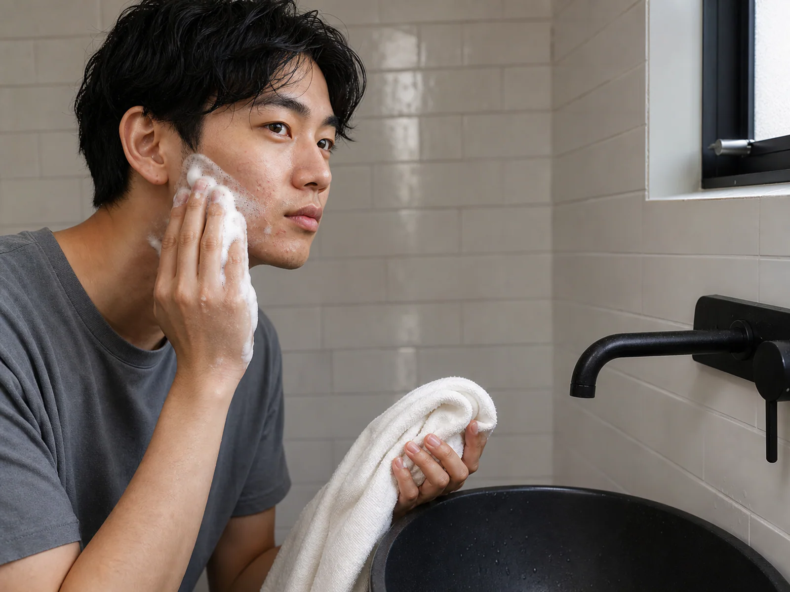清潔なタオルと泡でやさしく洗顔する男性
