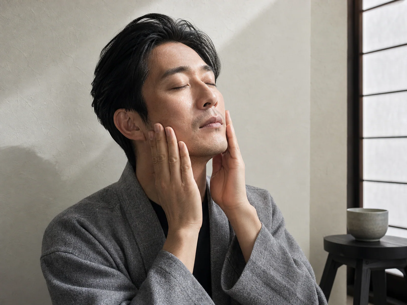 洗顔直後に頬と顎を保湿する男性