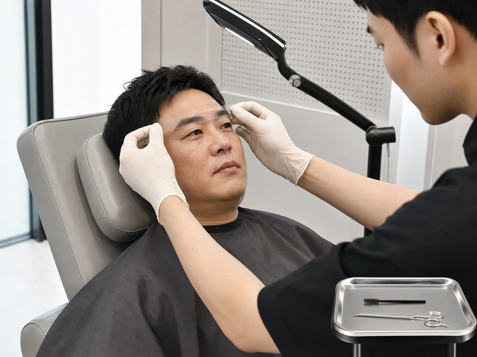眉サロンで骨格に合う形を確認してもらう男性
