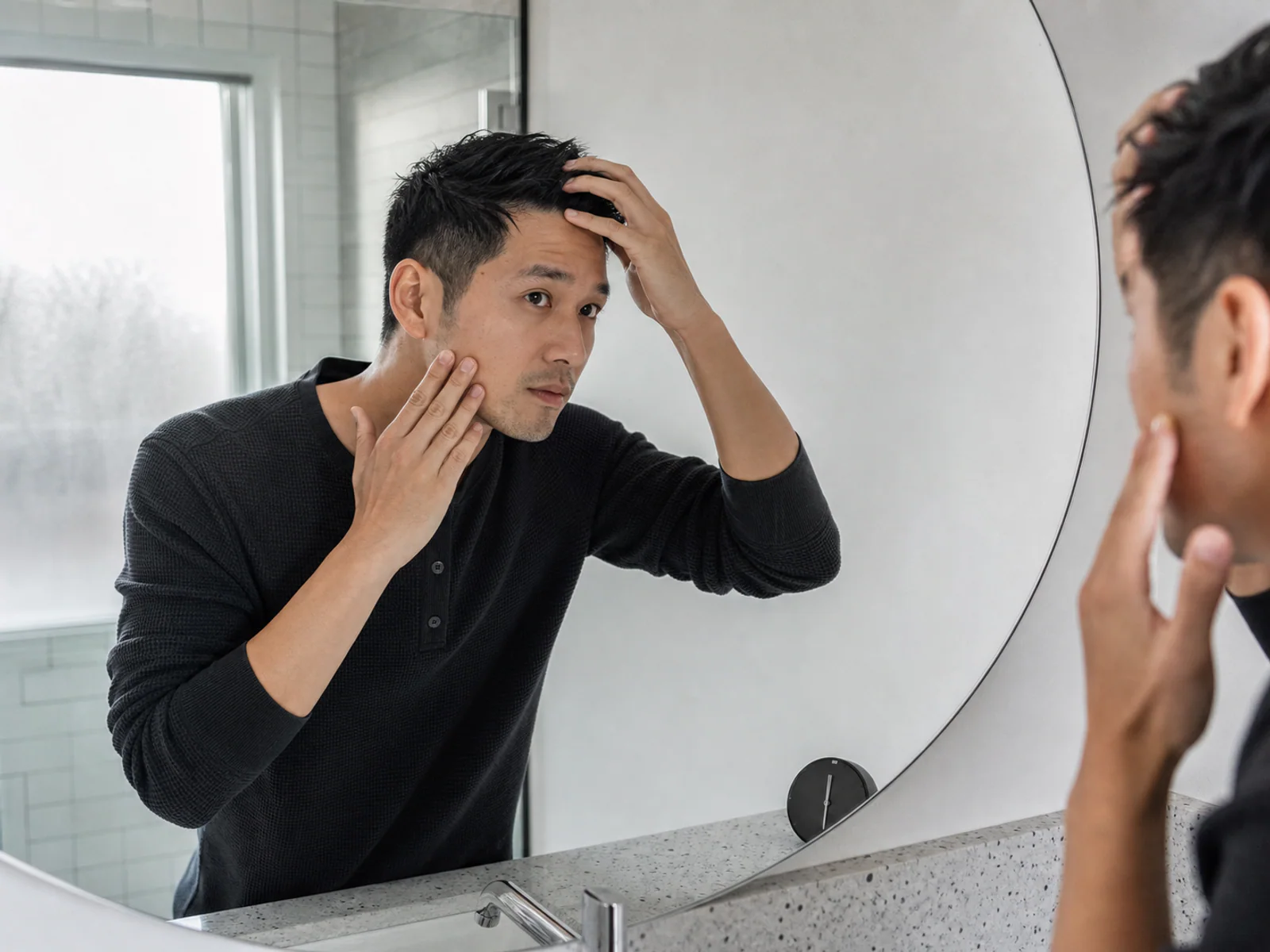 明るい洗面所で短時間に身だしなみを整える男性