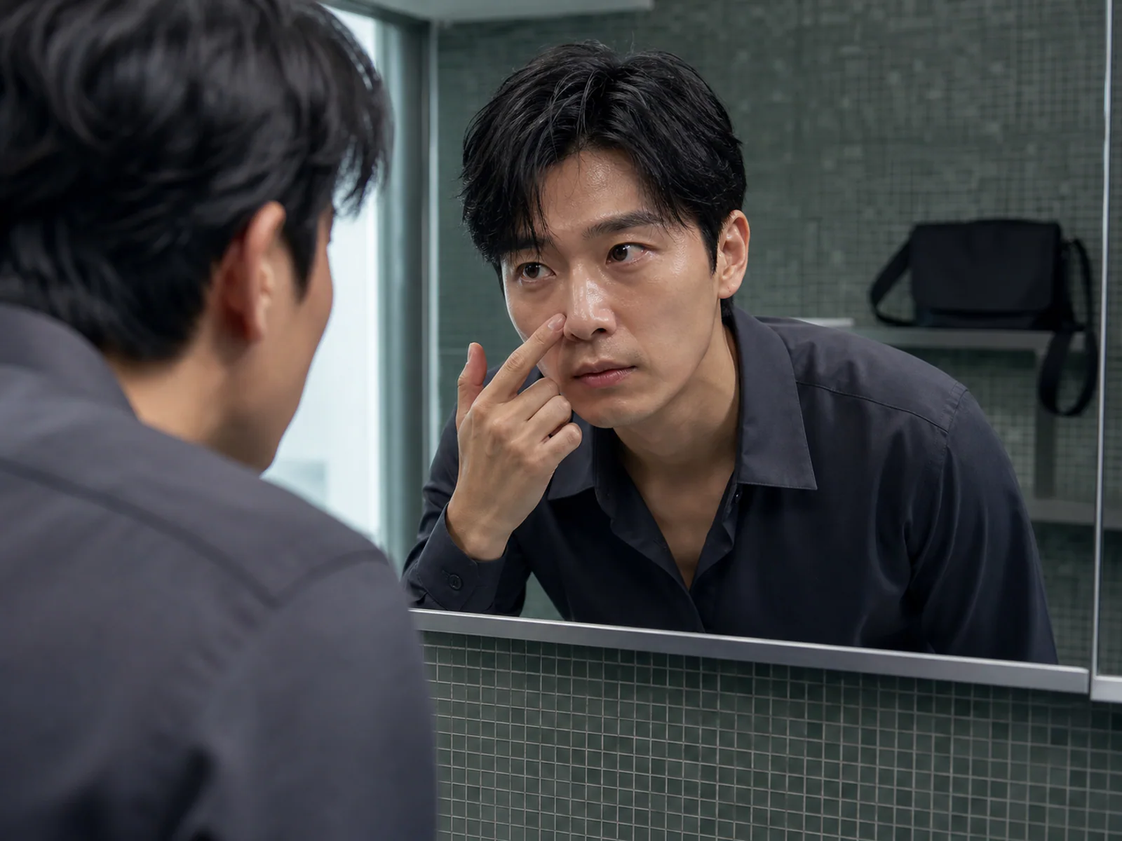 昼の鏡で皮脂の状態を確認する男性