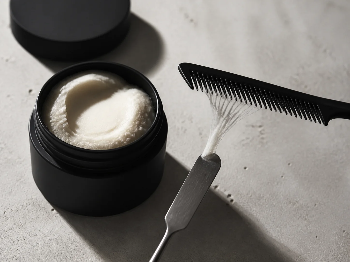 ヘアバームとスタイリング道具を配した静物