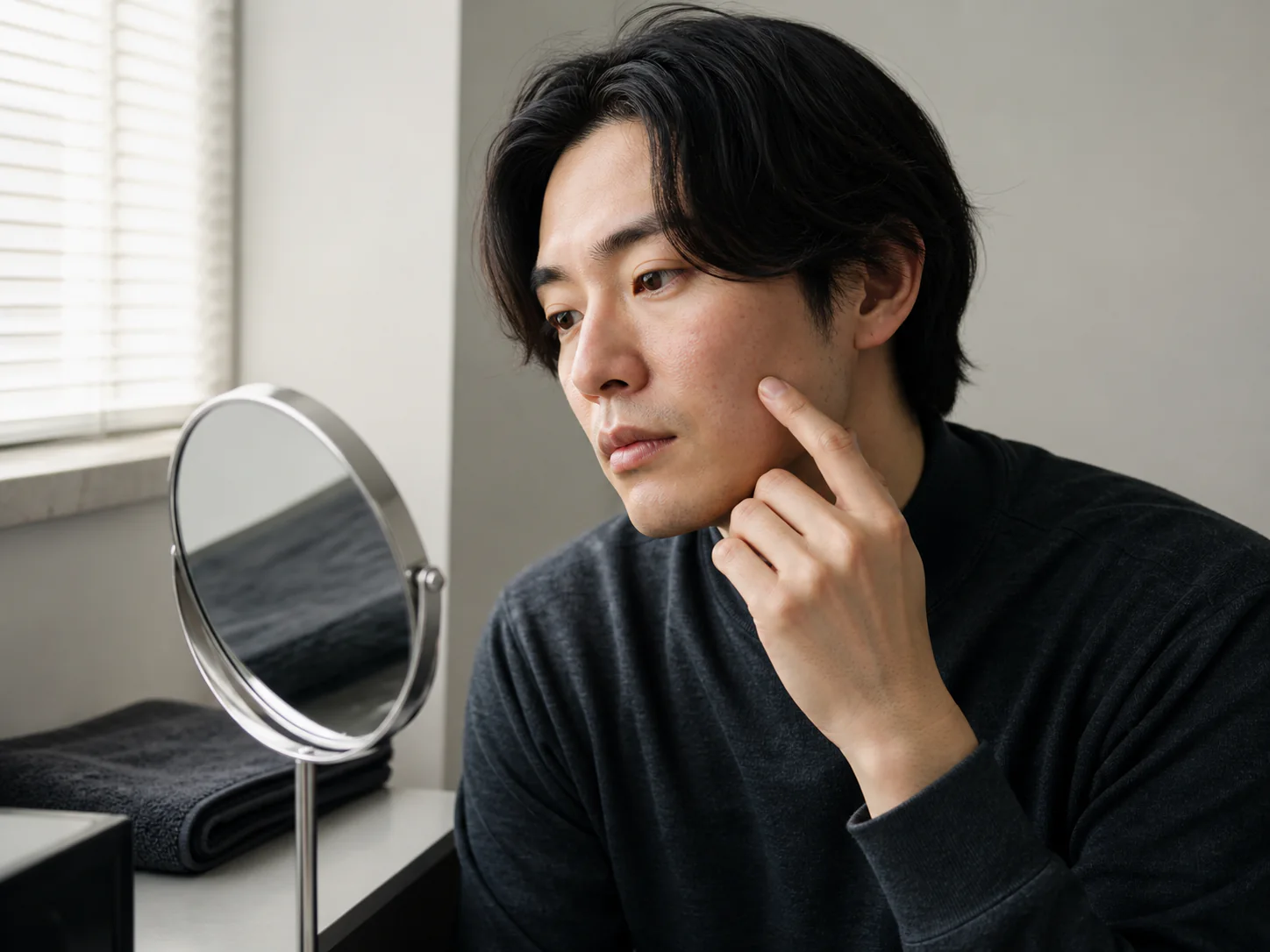 自然光で頬の肌状態を確認する男性