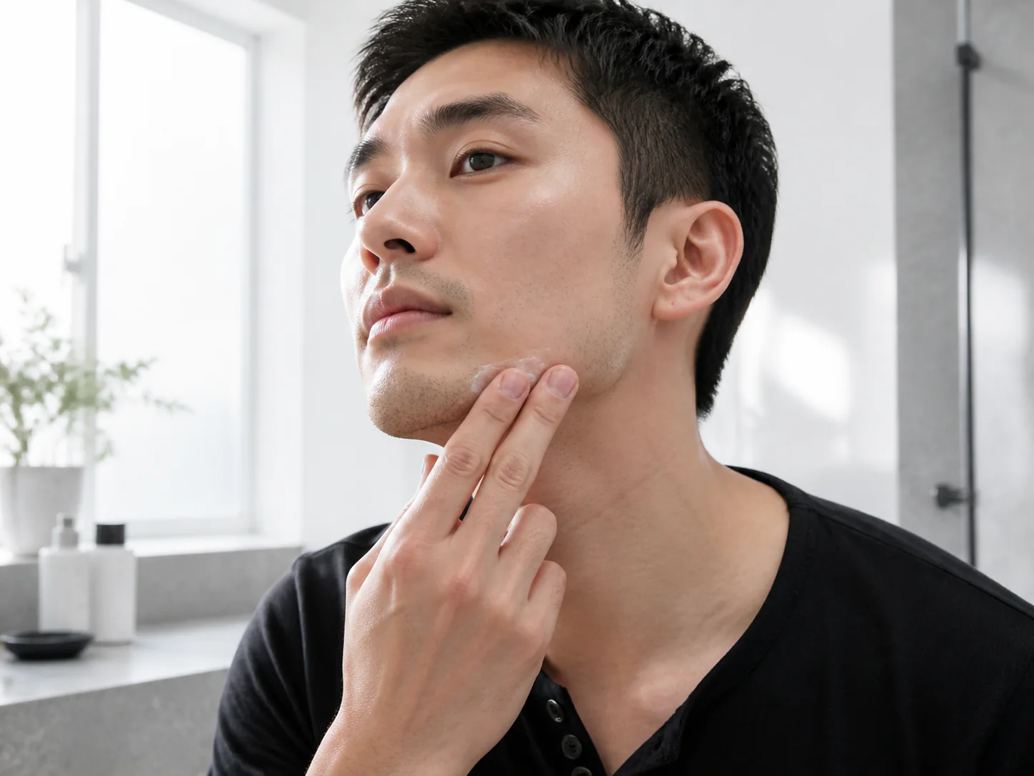 ひげ剃り後の顎へクリームをなじませる男性