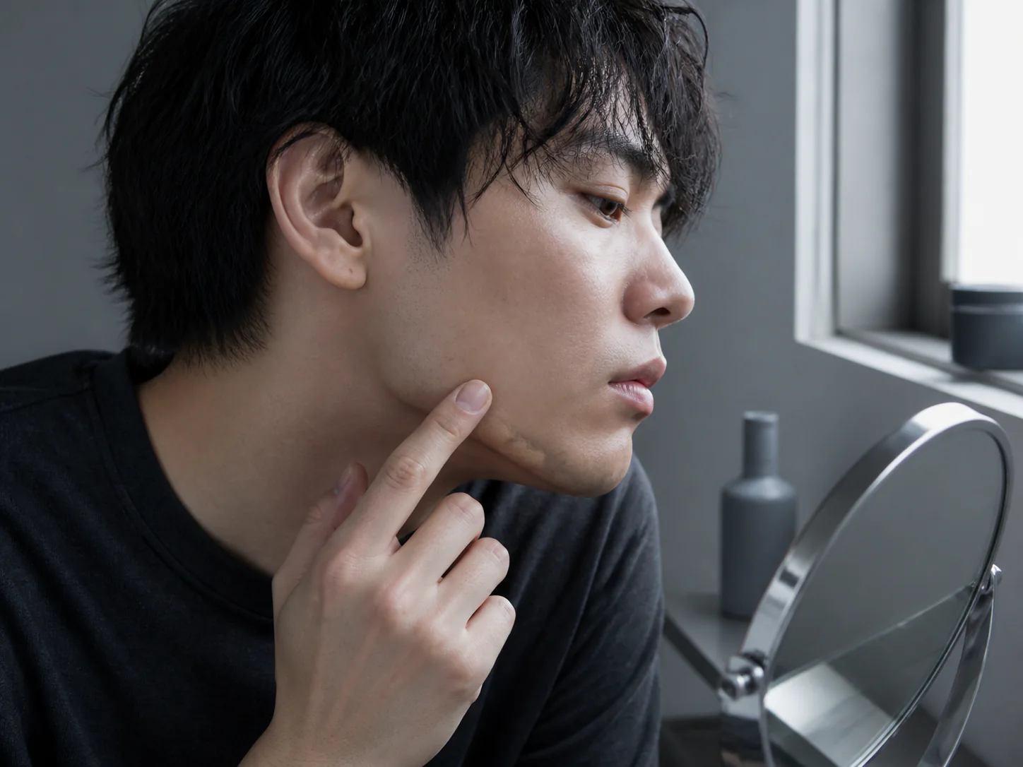 顎の端でベースカラーを少量試す男性