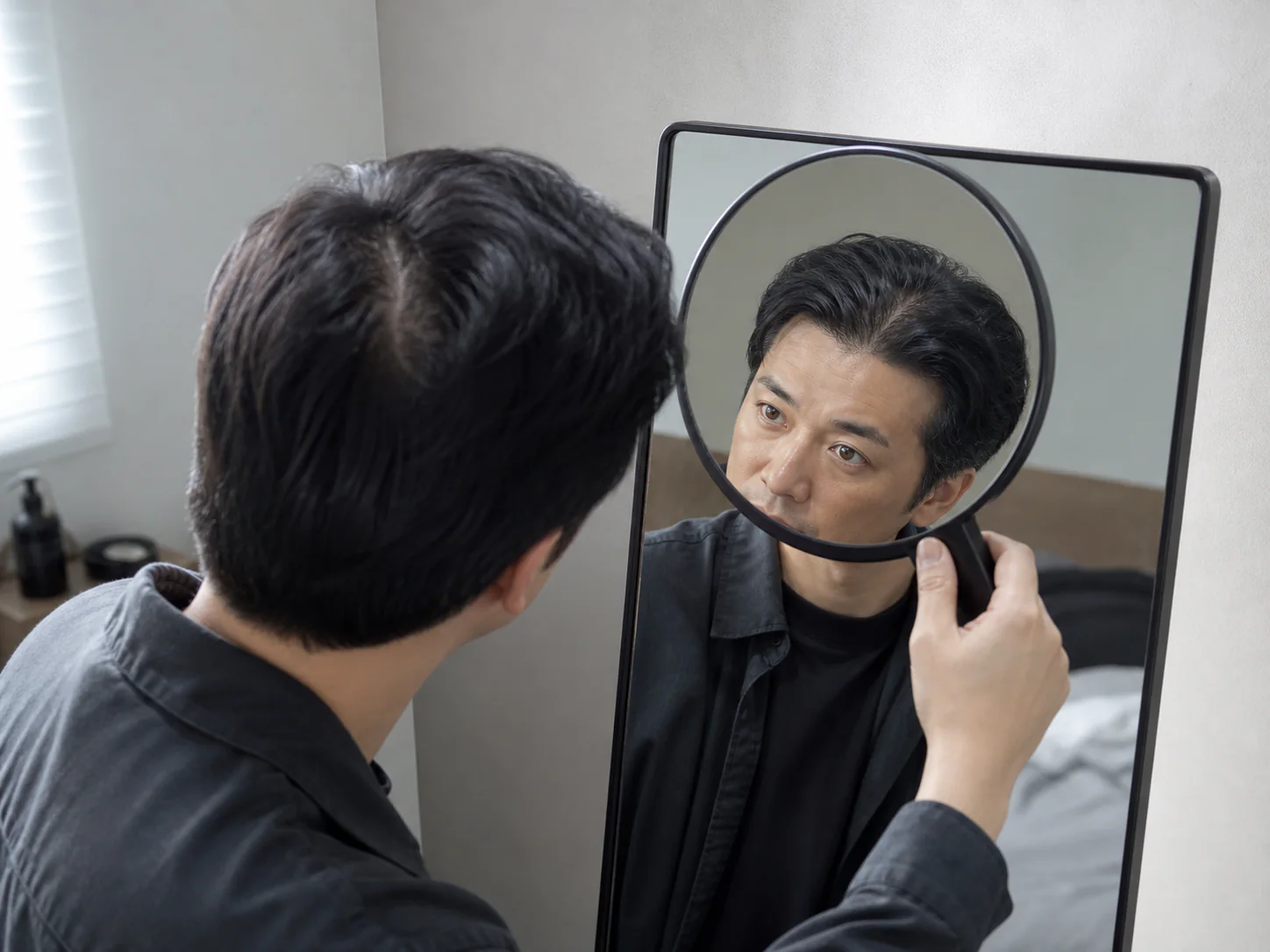 鏡で分け目と頭皮を確認する男性