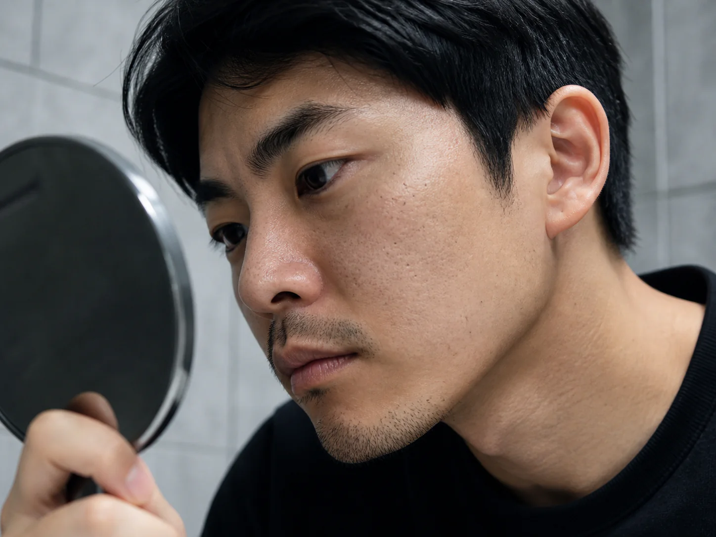 鏡で小鼻と頬の質感を確認する男性
