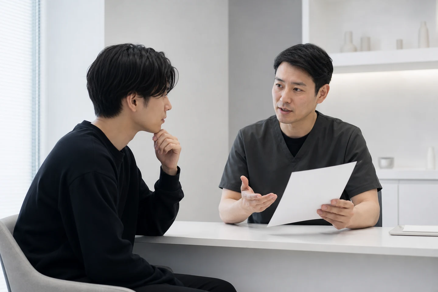 明るい空間で専門家へ相談する男性