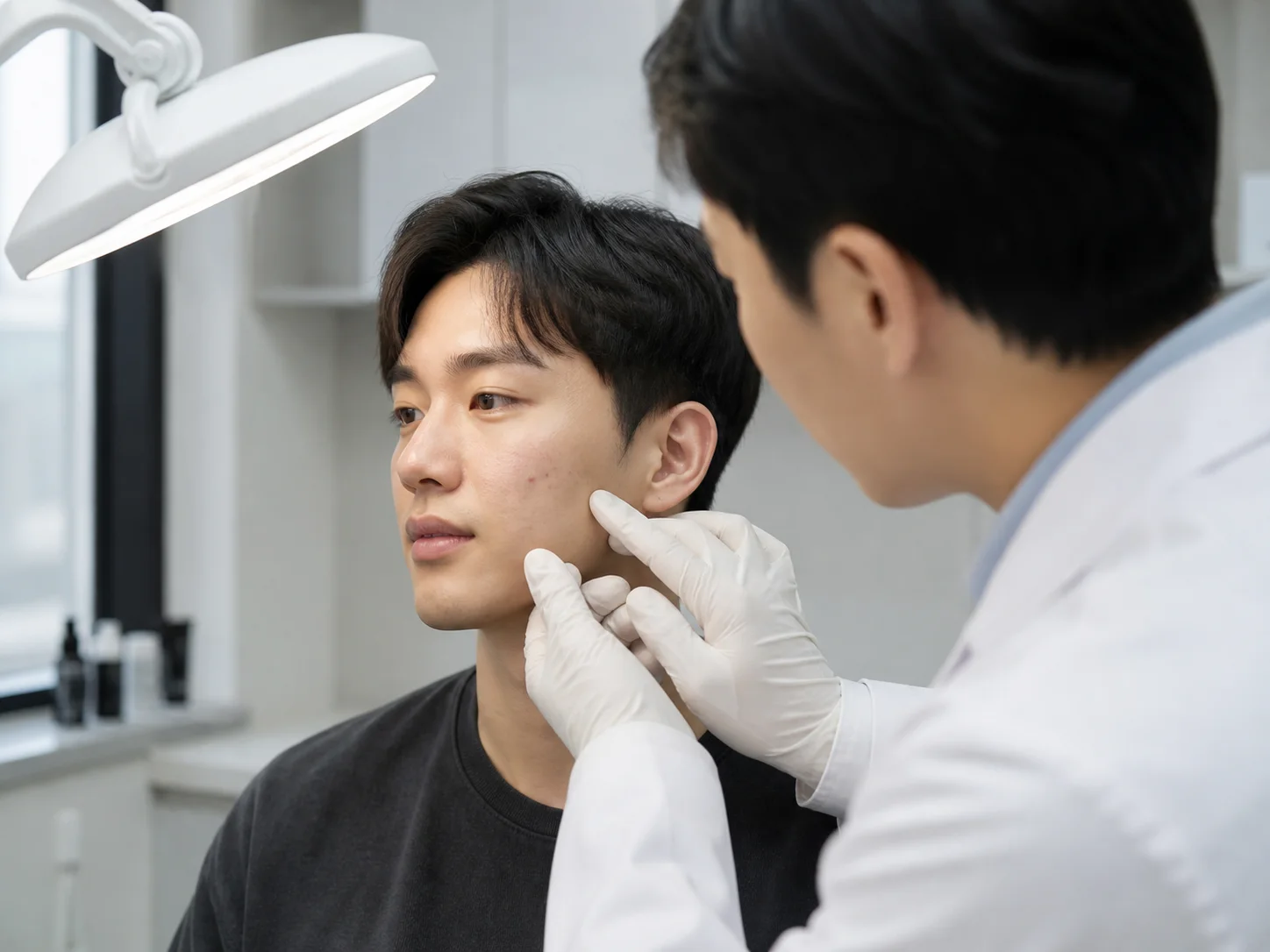 医師が照明下で頬の肌状態を確認する診察