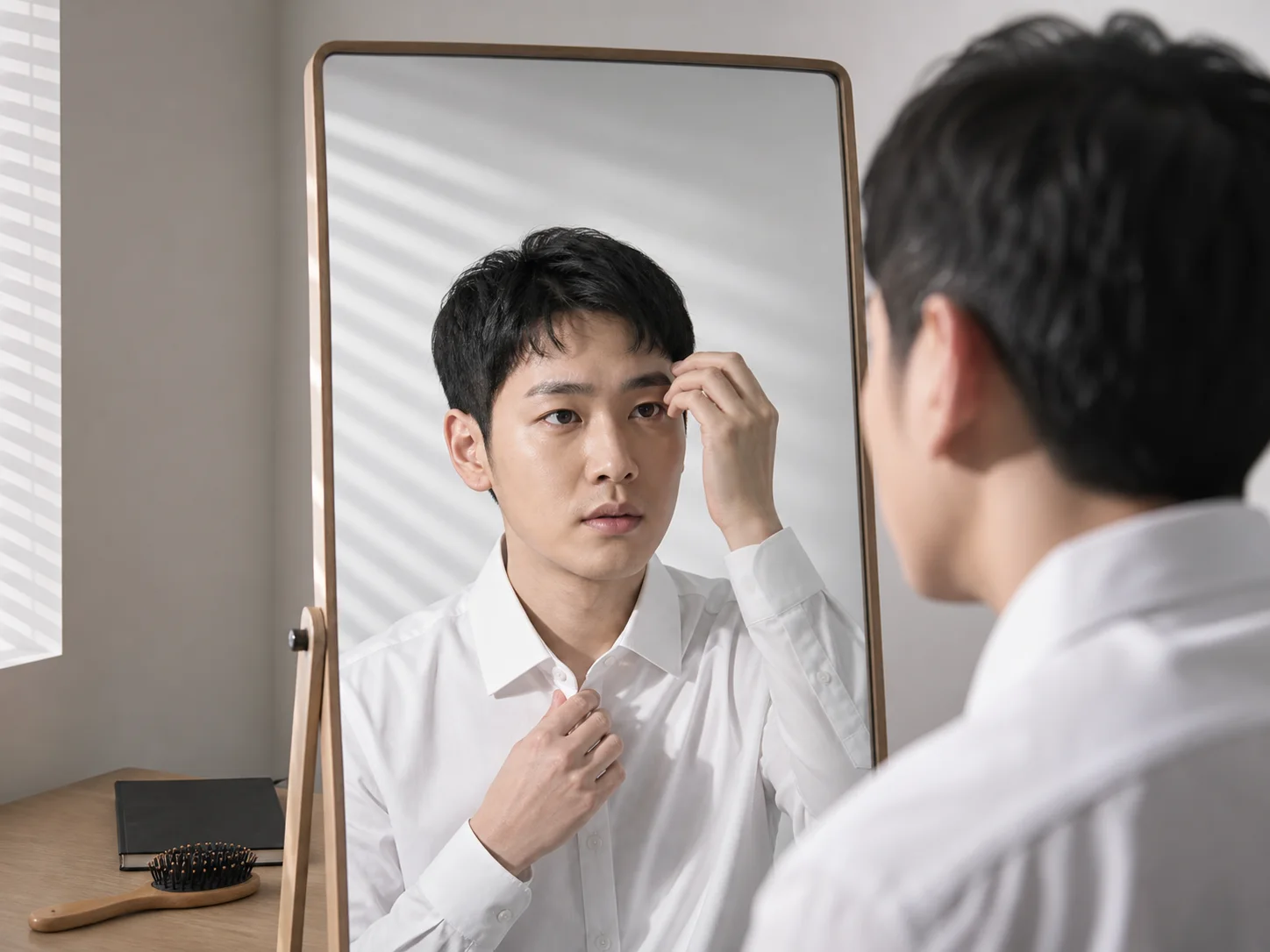 面接前に眉と髪とシャツを確認する男性