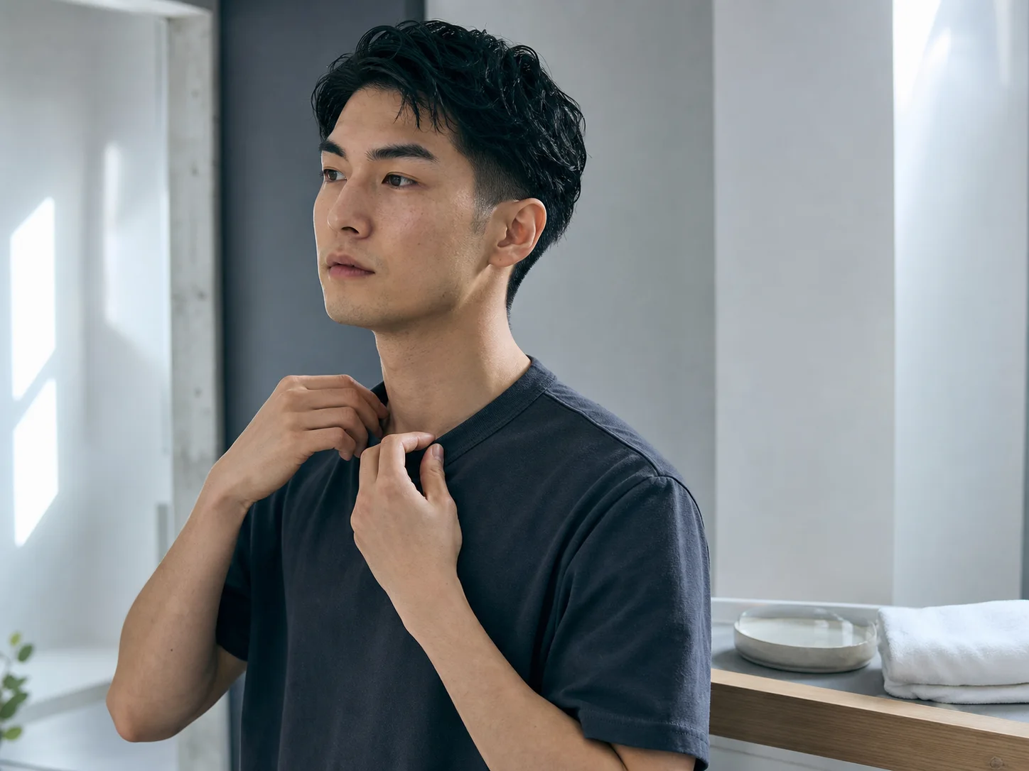 朝日で髪と襟元を整える男性