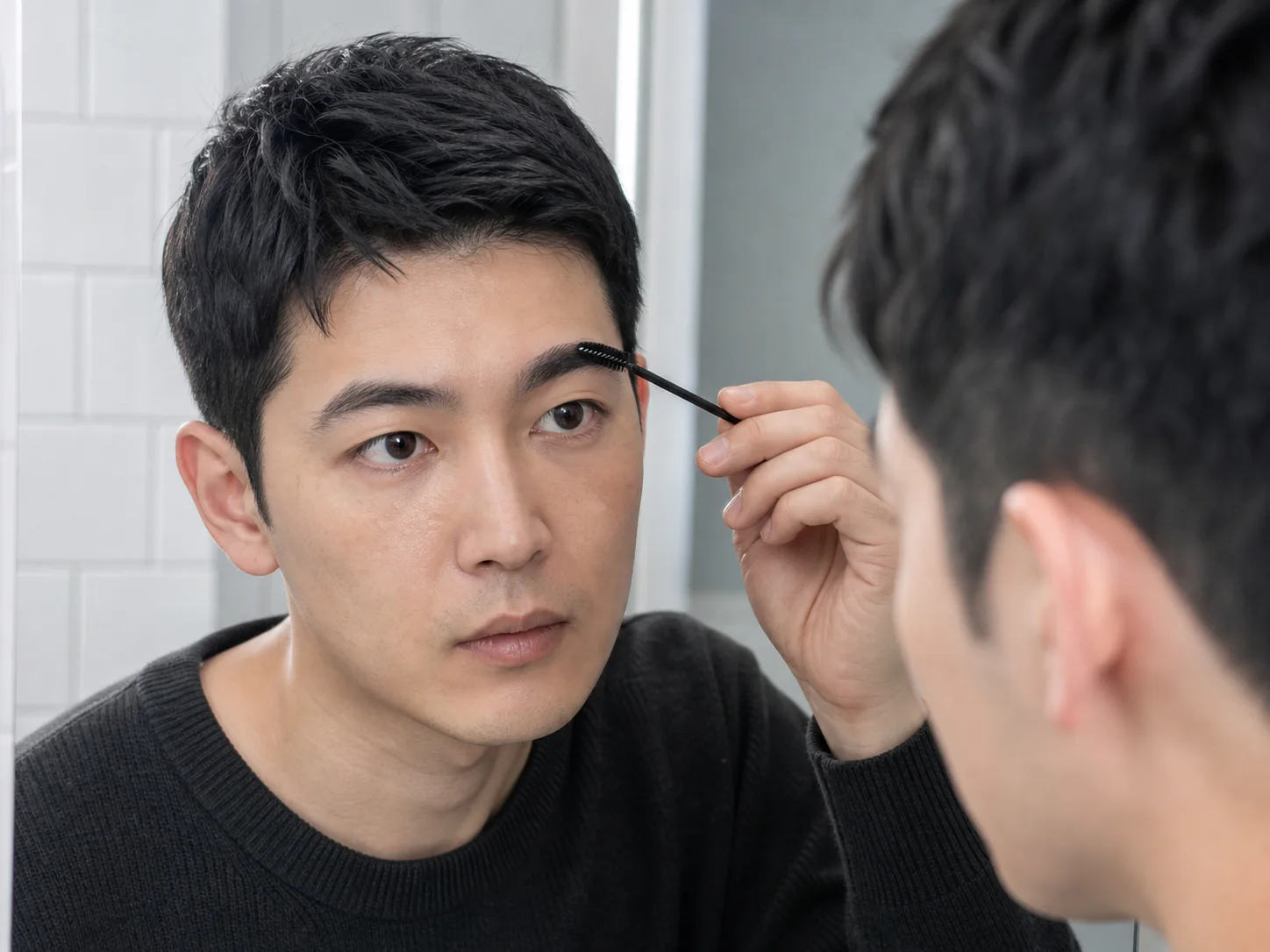 鏡を見ながら眉の毛流れを梳かす男性