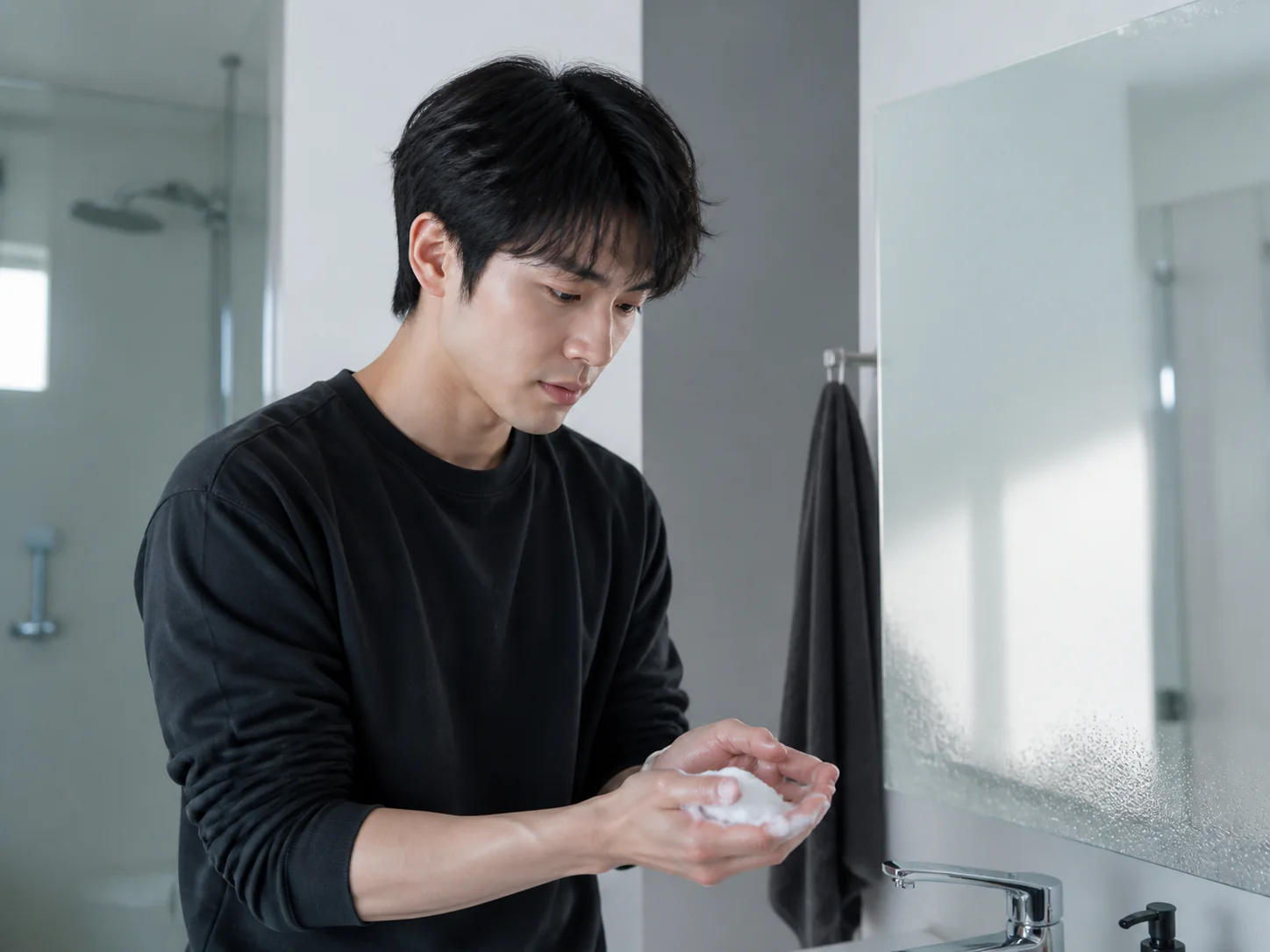 洗面台で洗顔料を泡立てる男性